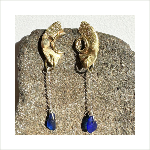 LoufyLou Designs - Brass Bullet Casing Earrings & Blue Sea Glass